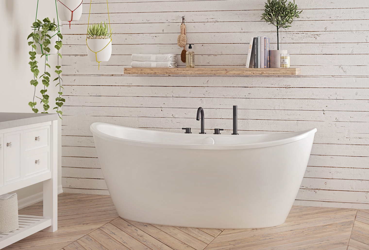 Free standing oval shaped off white tub in a wooden decorative bathroom.
