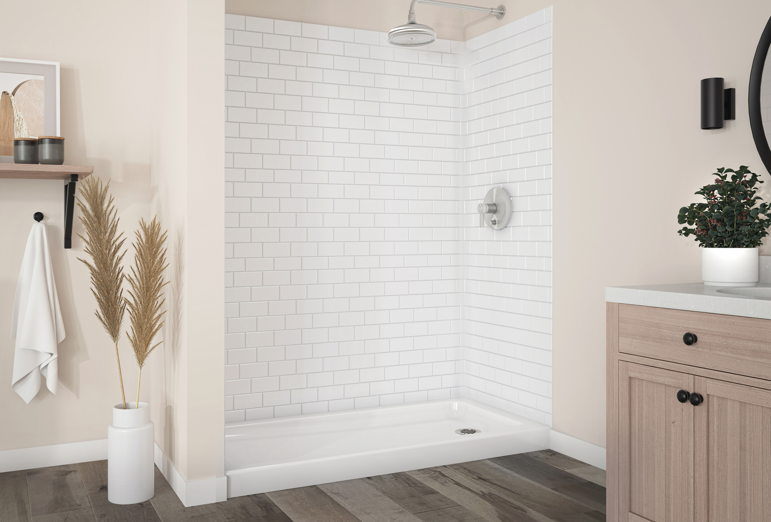 Standing shower with white tiles in a nice decorative bathroom.