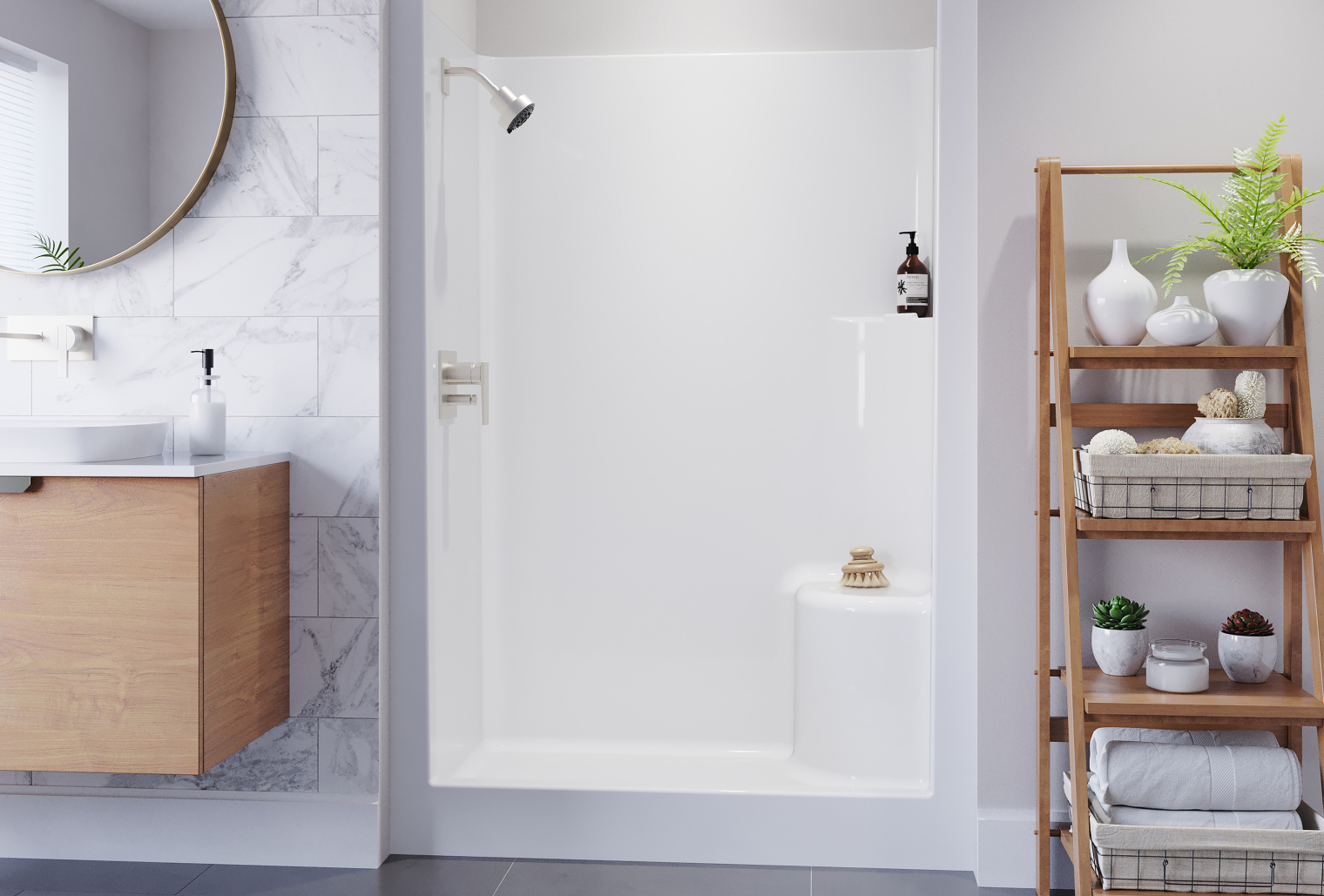 White low threshold standing shower with a seat and a decorated bathroom.