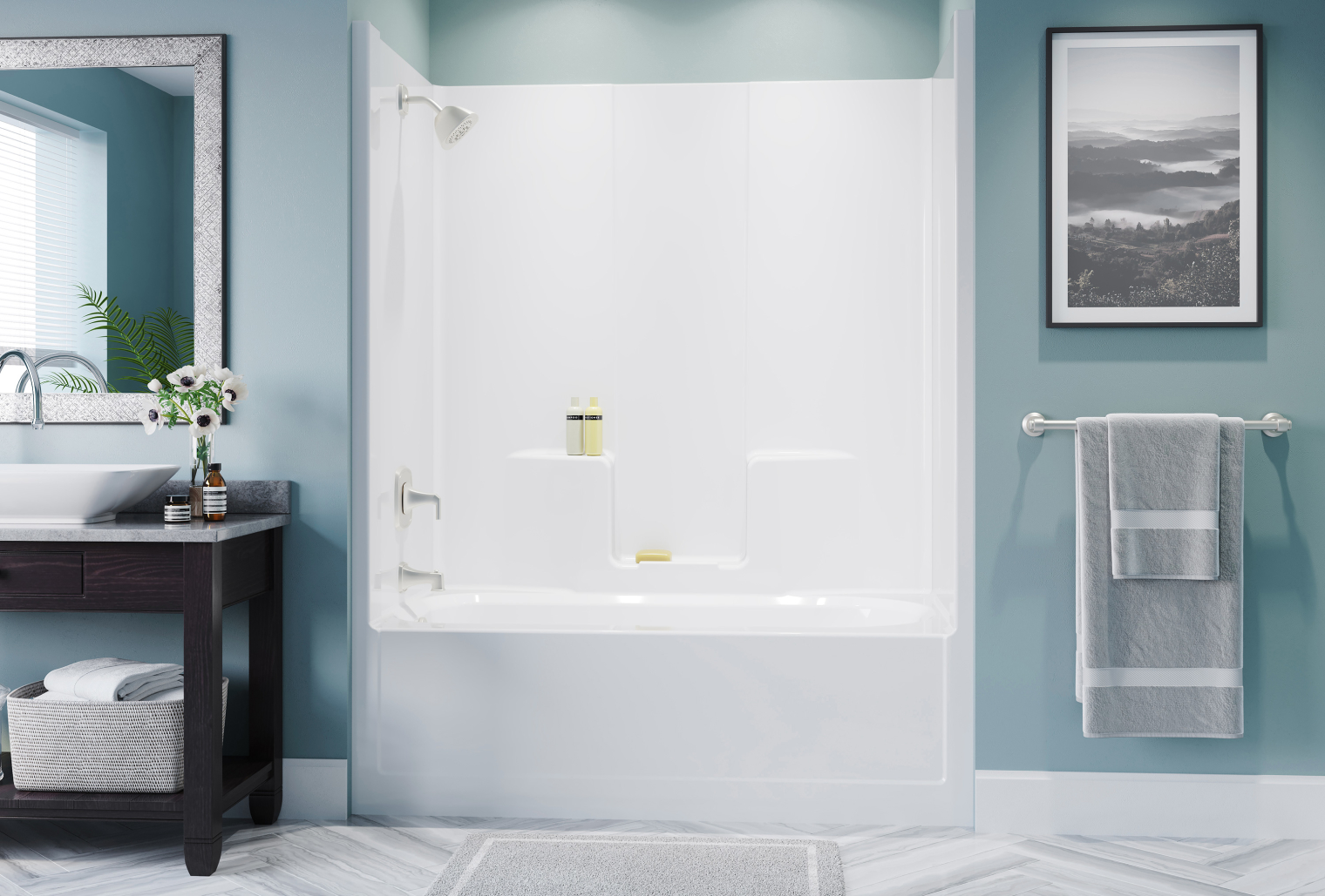 Image of a combo bath tub in a blue painted bathroom.