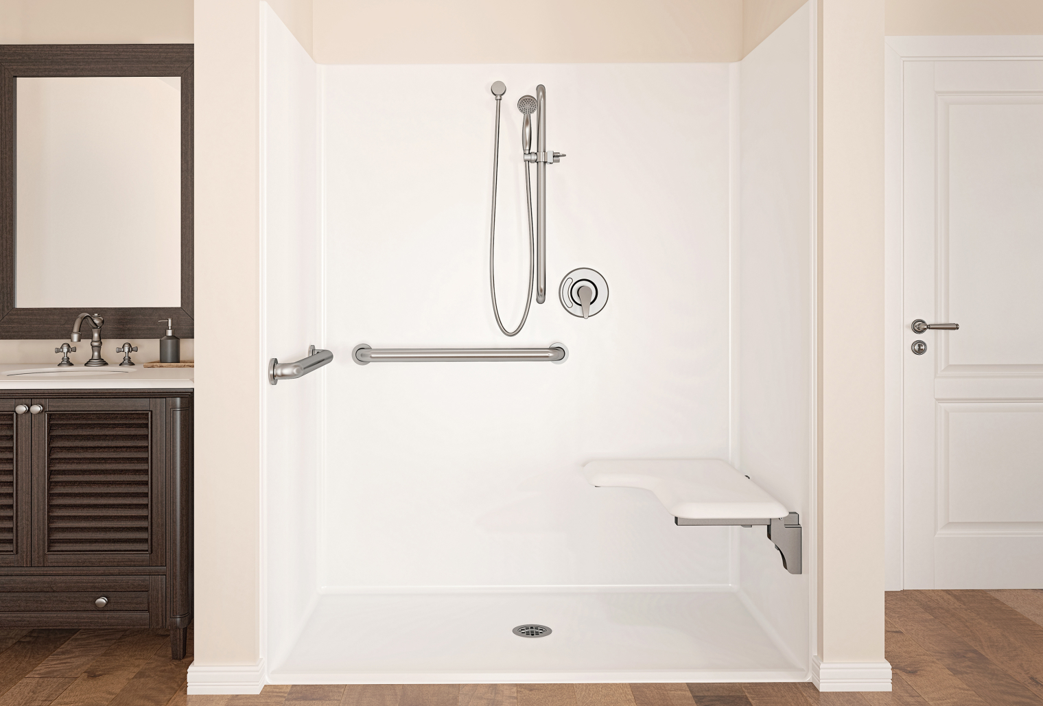 Walk in shower with a seat and chrome railing and faucet.