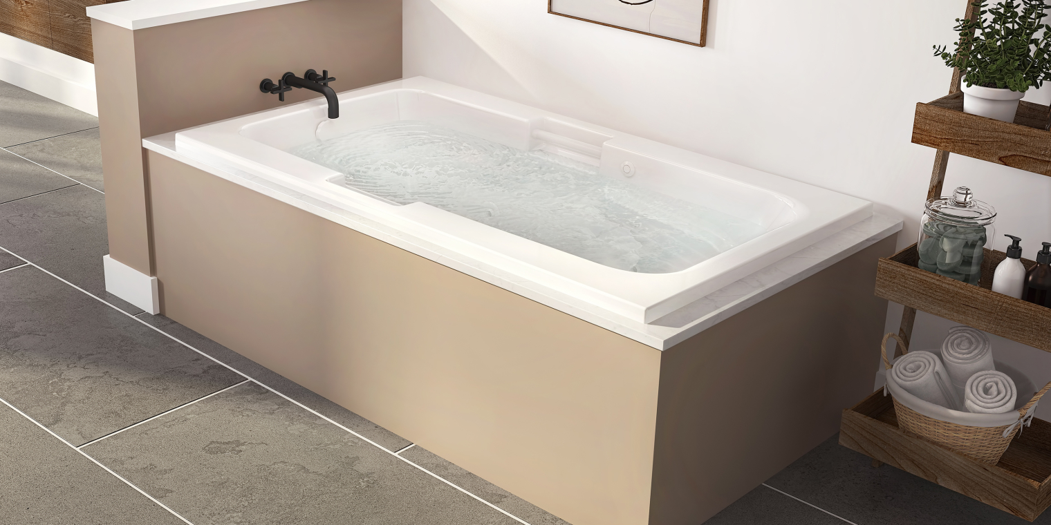 Image of a whirlpool soaking massage tub in a tiled bathroom.