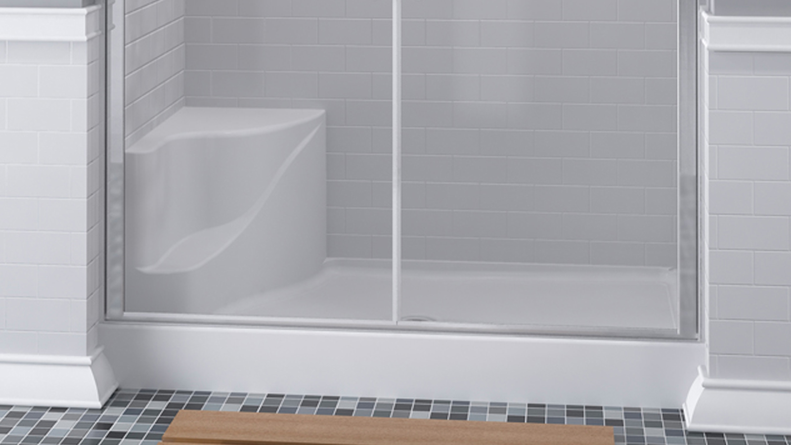 Walk-in shower with a seat in a white tiled shower.