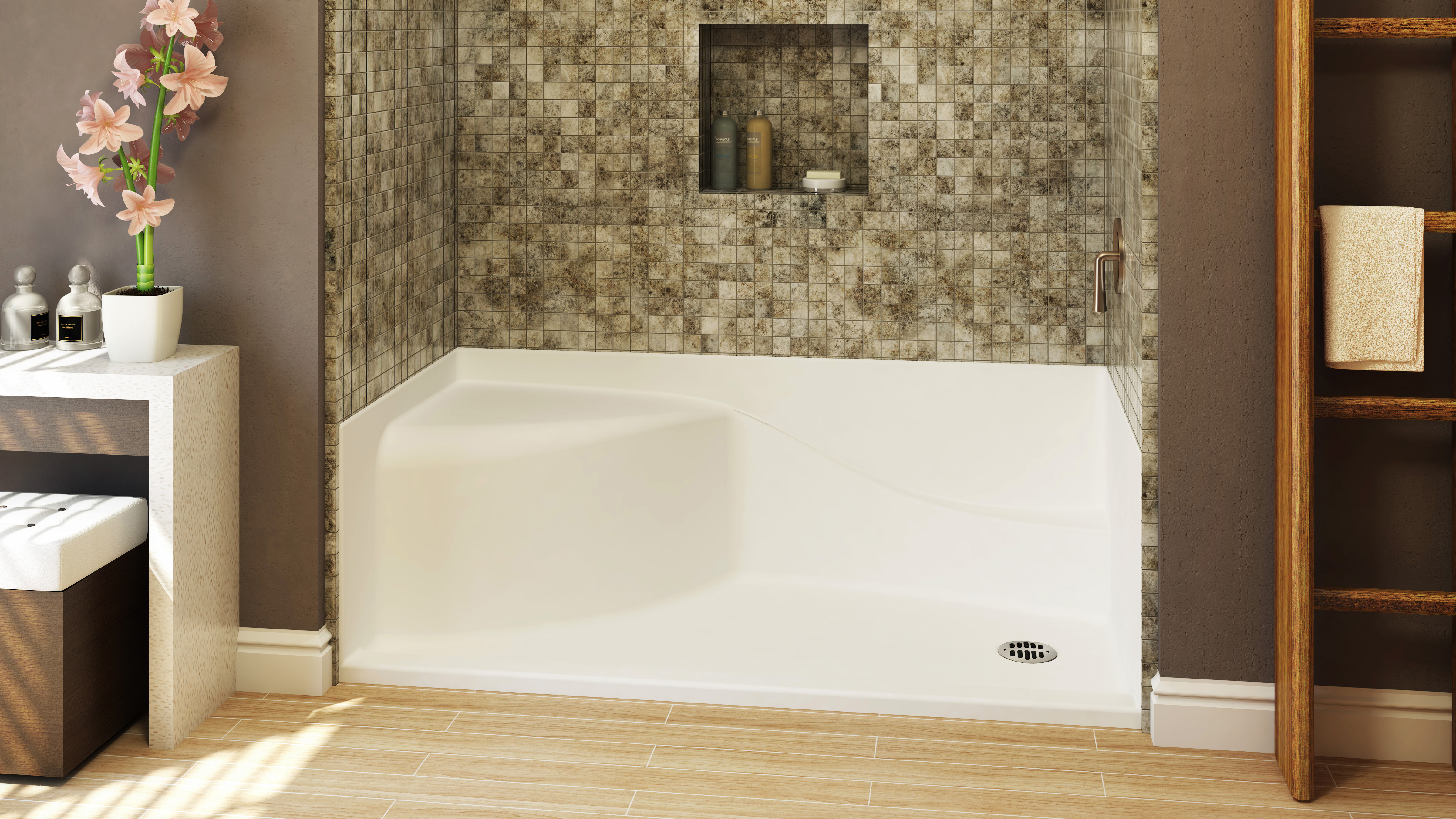 Standing walk-in shower with seat in a tiled shower.