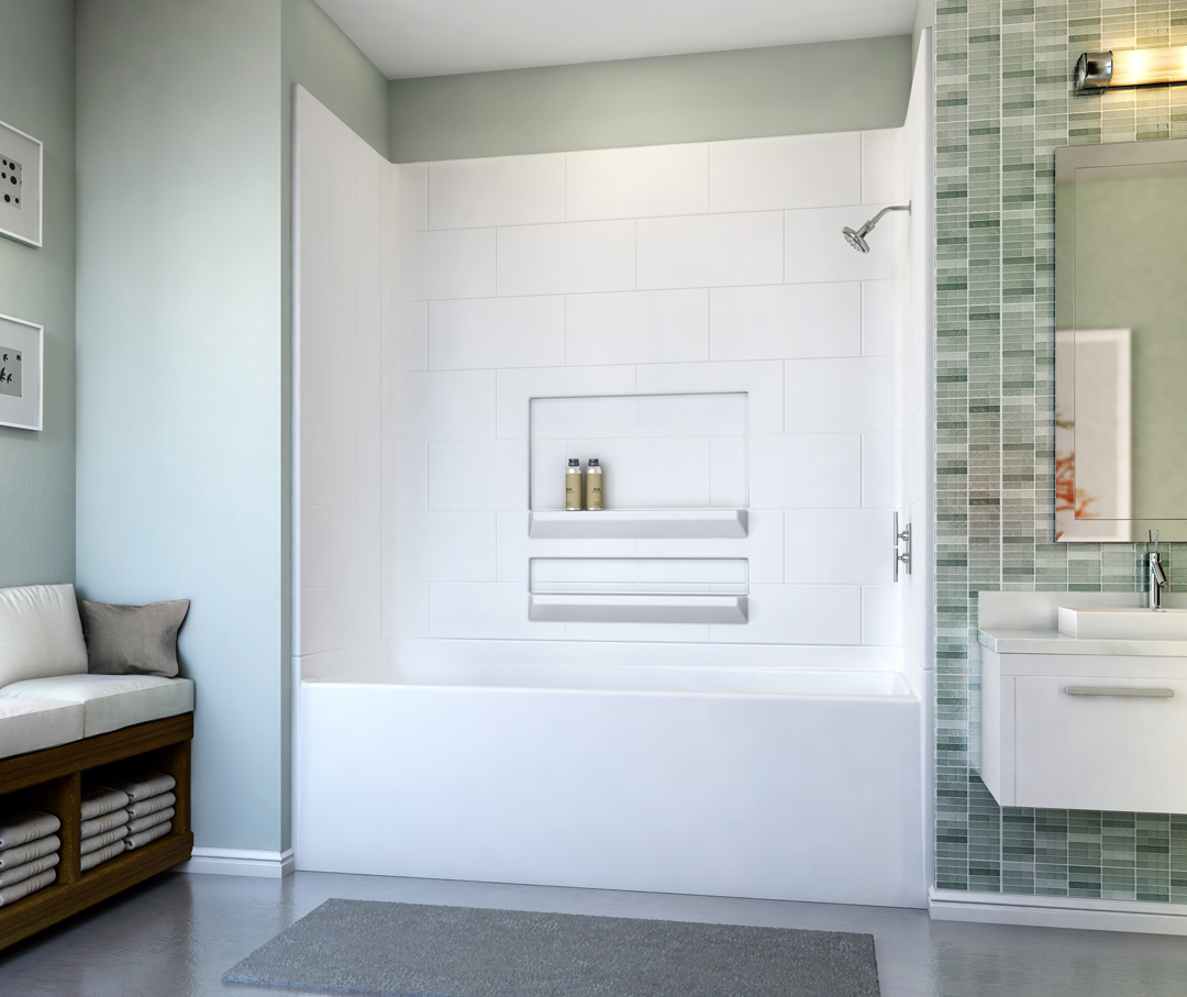 Tiled shower combo tub in a tiled bathroom.