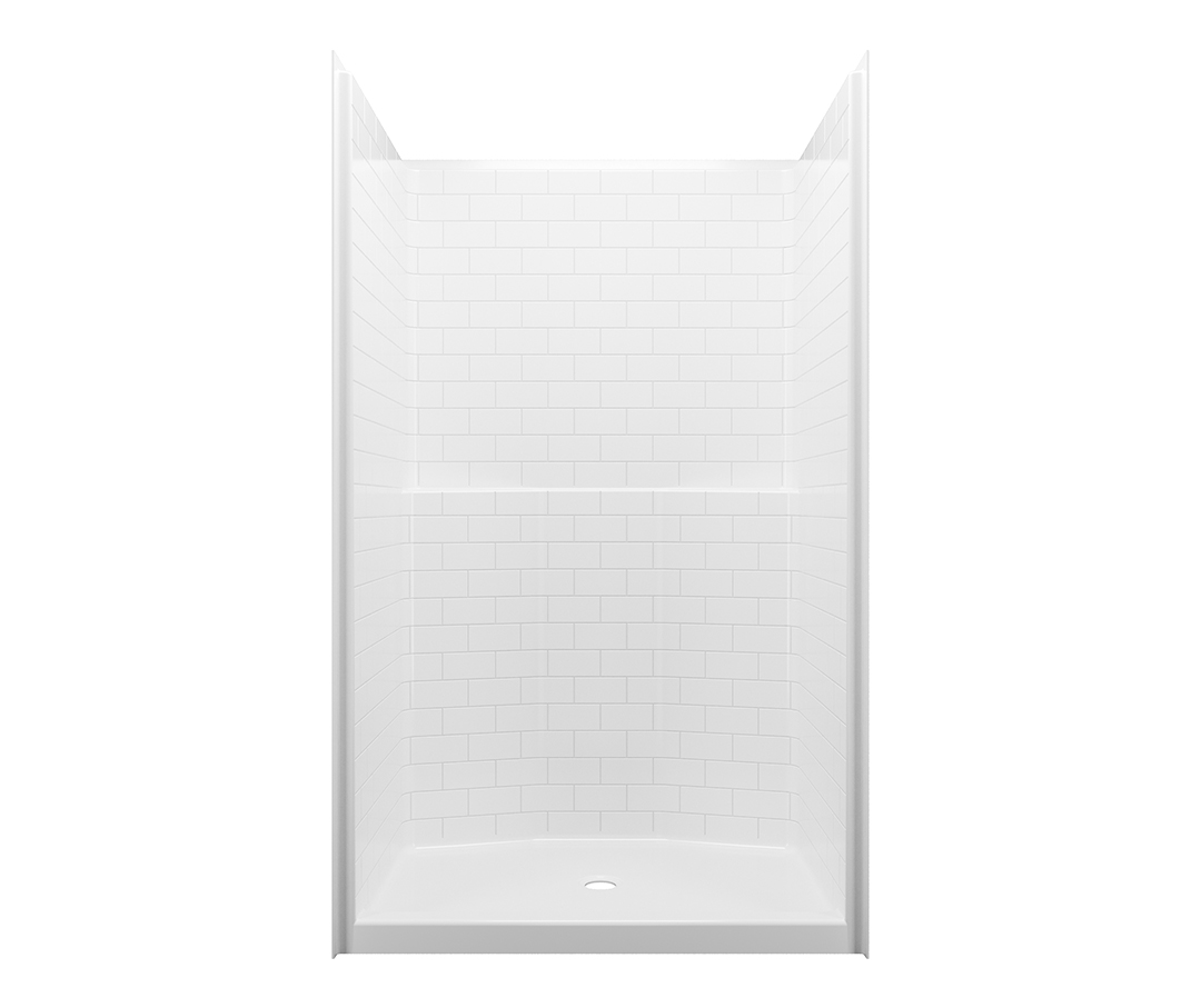 Image of a shower with subway tile that is white.