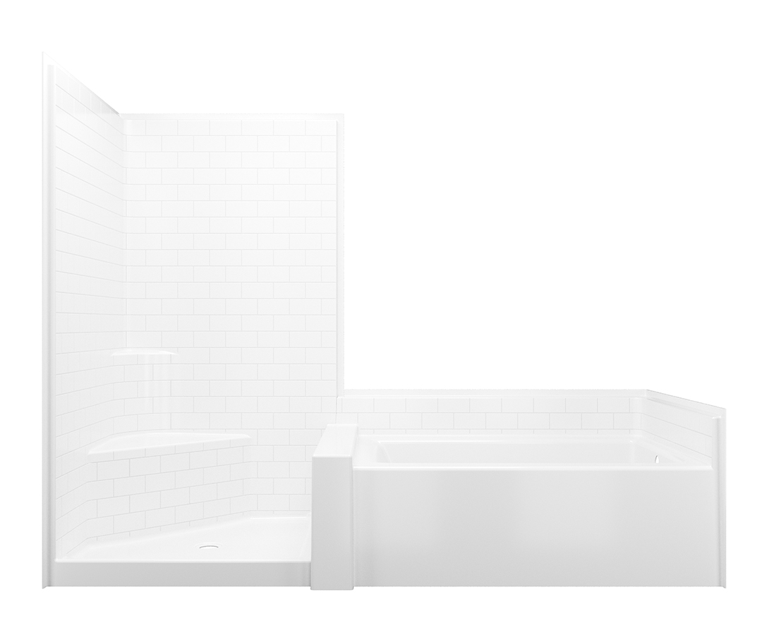 Image of a tub and shower displaying subway tile.