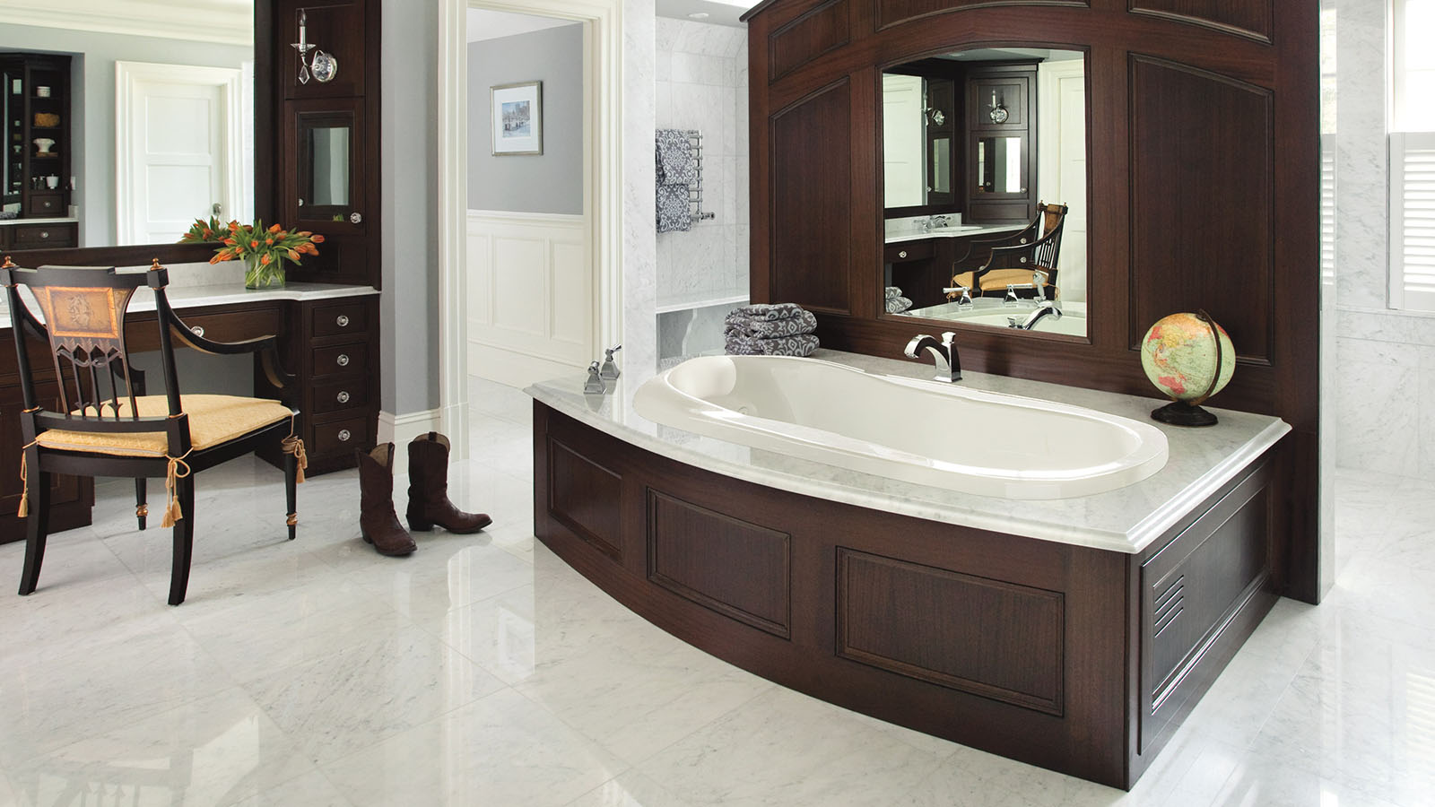 Image of a drop-in bath tub with wooden finish.