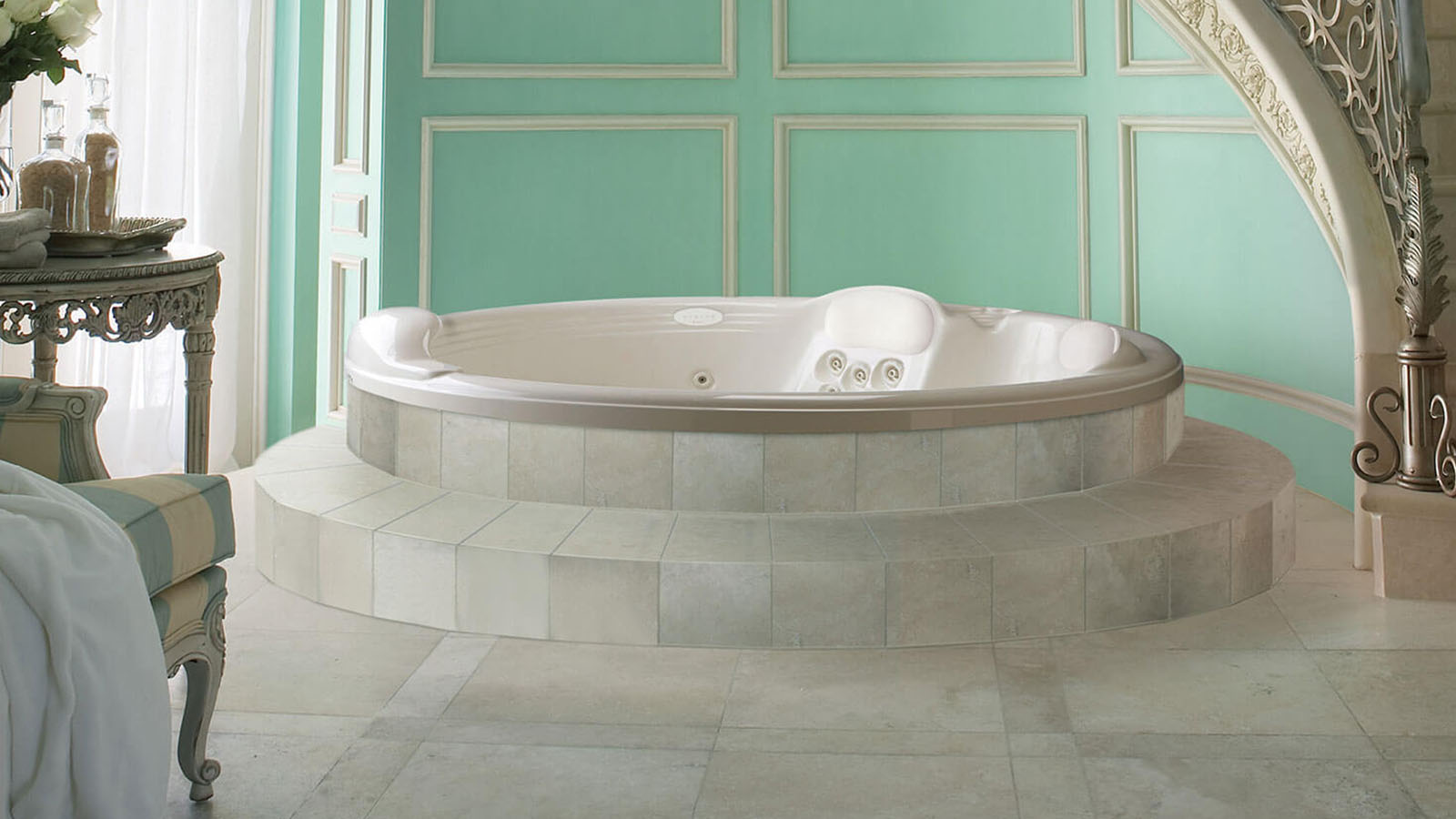Deep soaking tub with seat backs and a jet system.