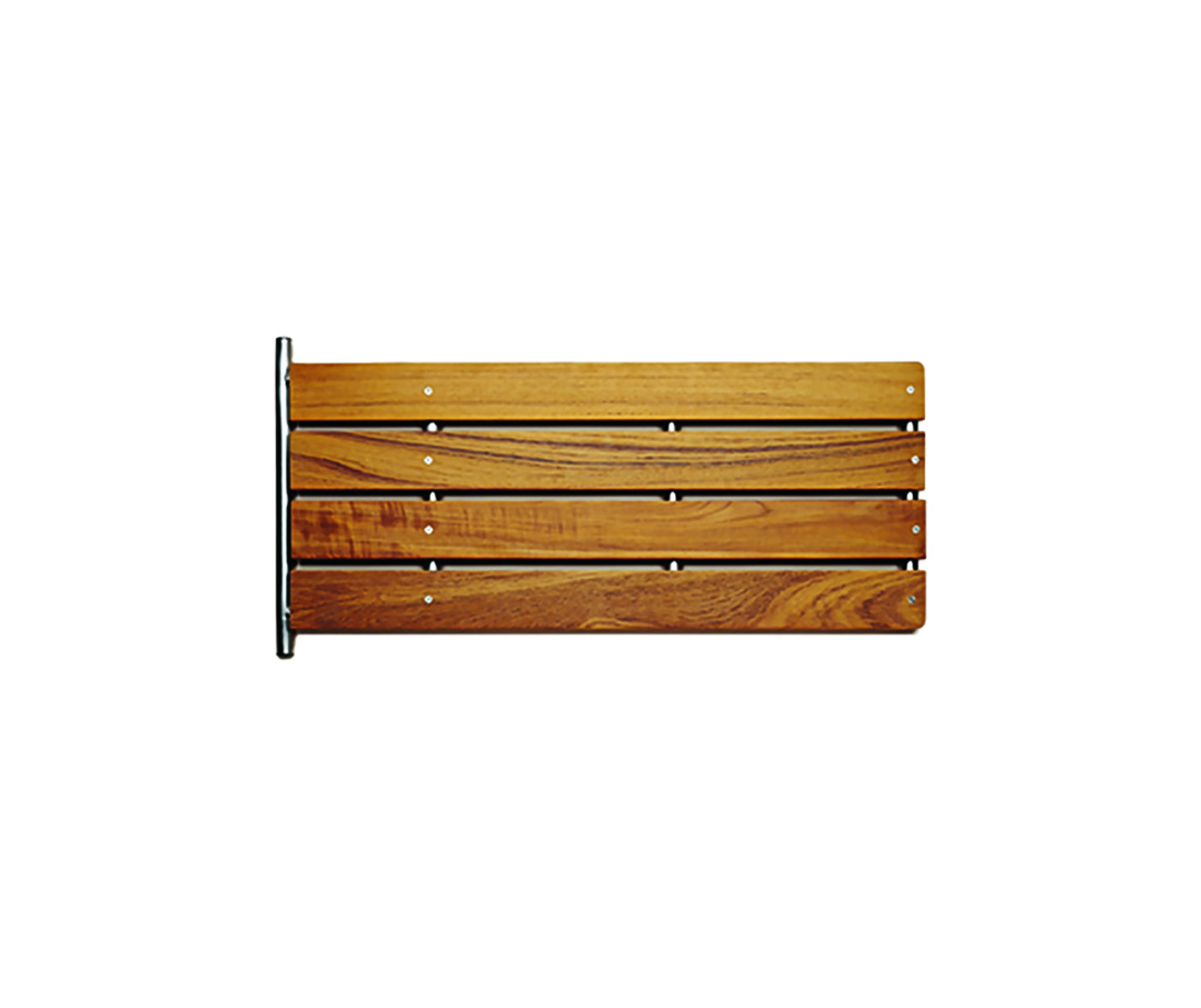 Wooden shower seat with chrome bolts attached.