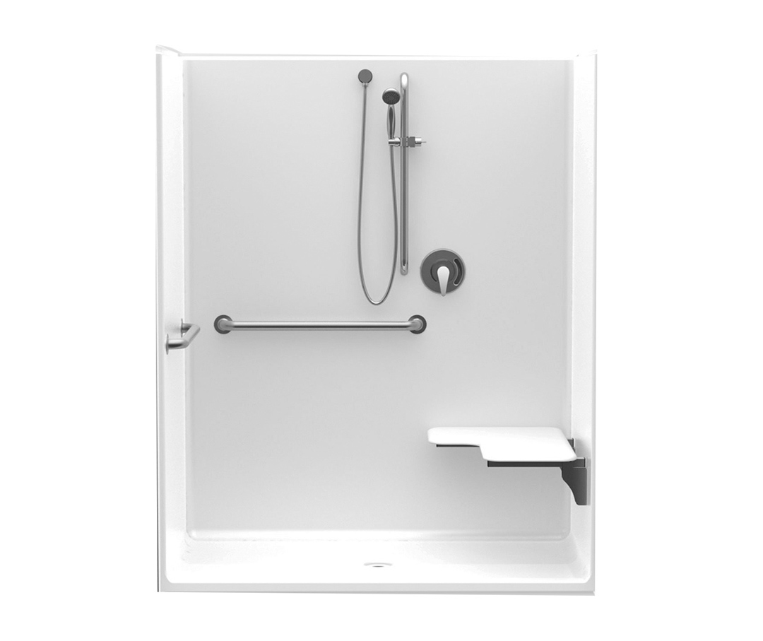 Image of a standing shower with a foldable seat and hand rails.