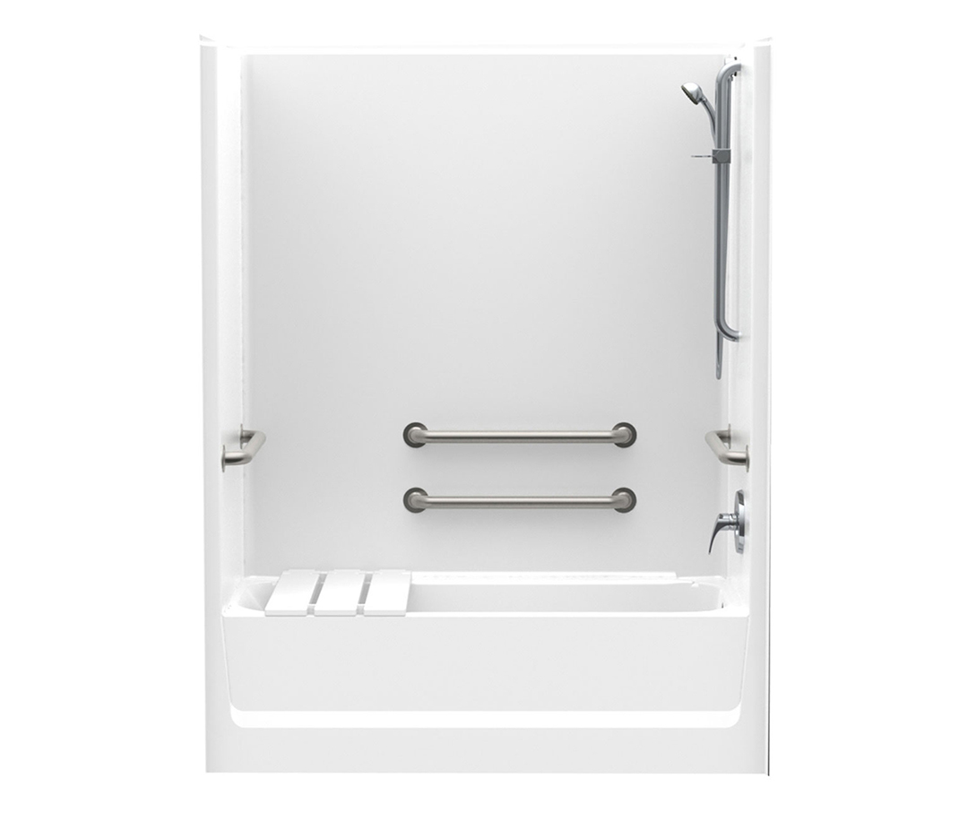 Image of a tub shower with seat and hand held shower head.