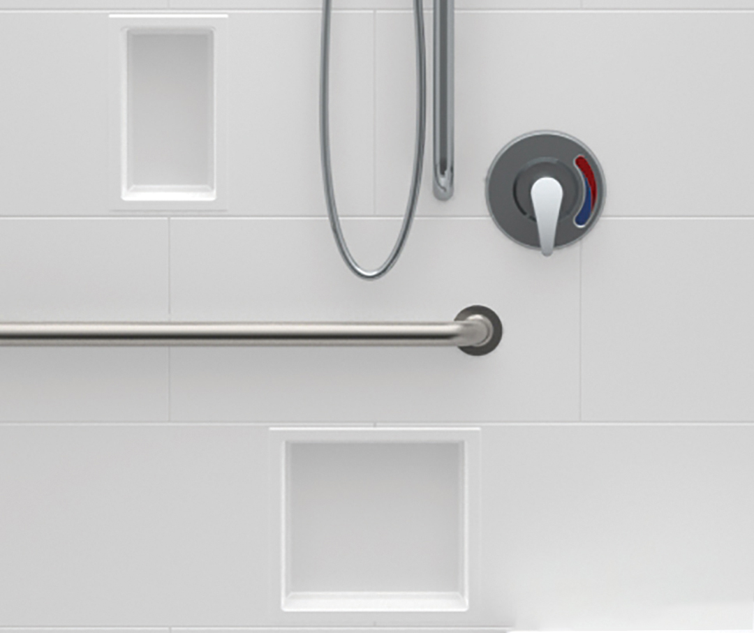 Image of a shower with several chrome accessories.