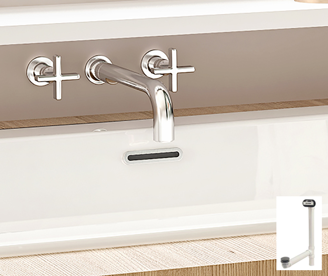 Image of a chrome faucet in a bath tub with brown trim.