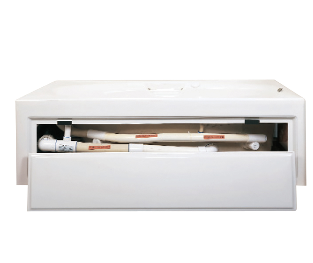 Image of a tub that has water pipes shown hidden by platform door.