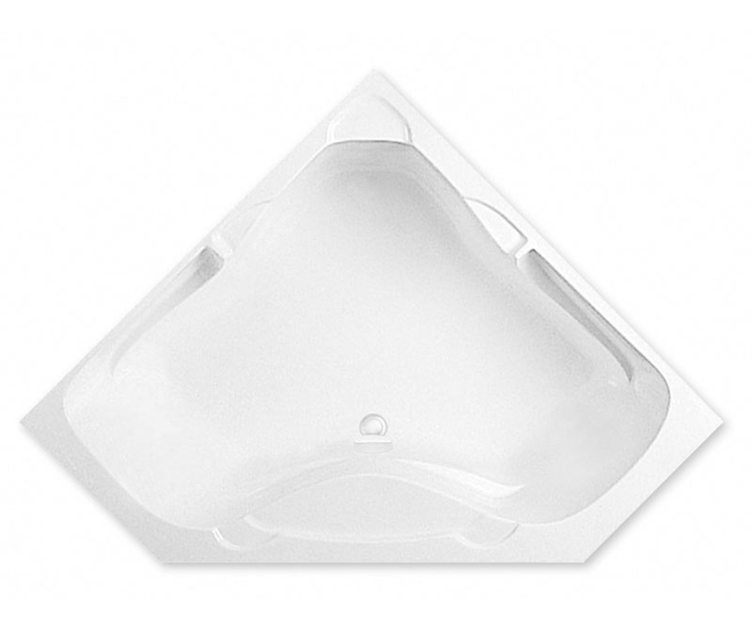 Image of a corner tub with center drain that is white.