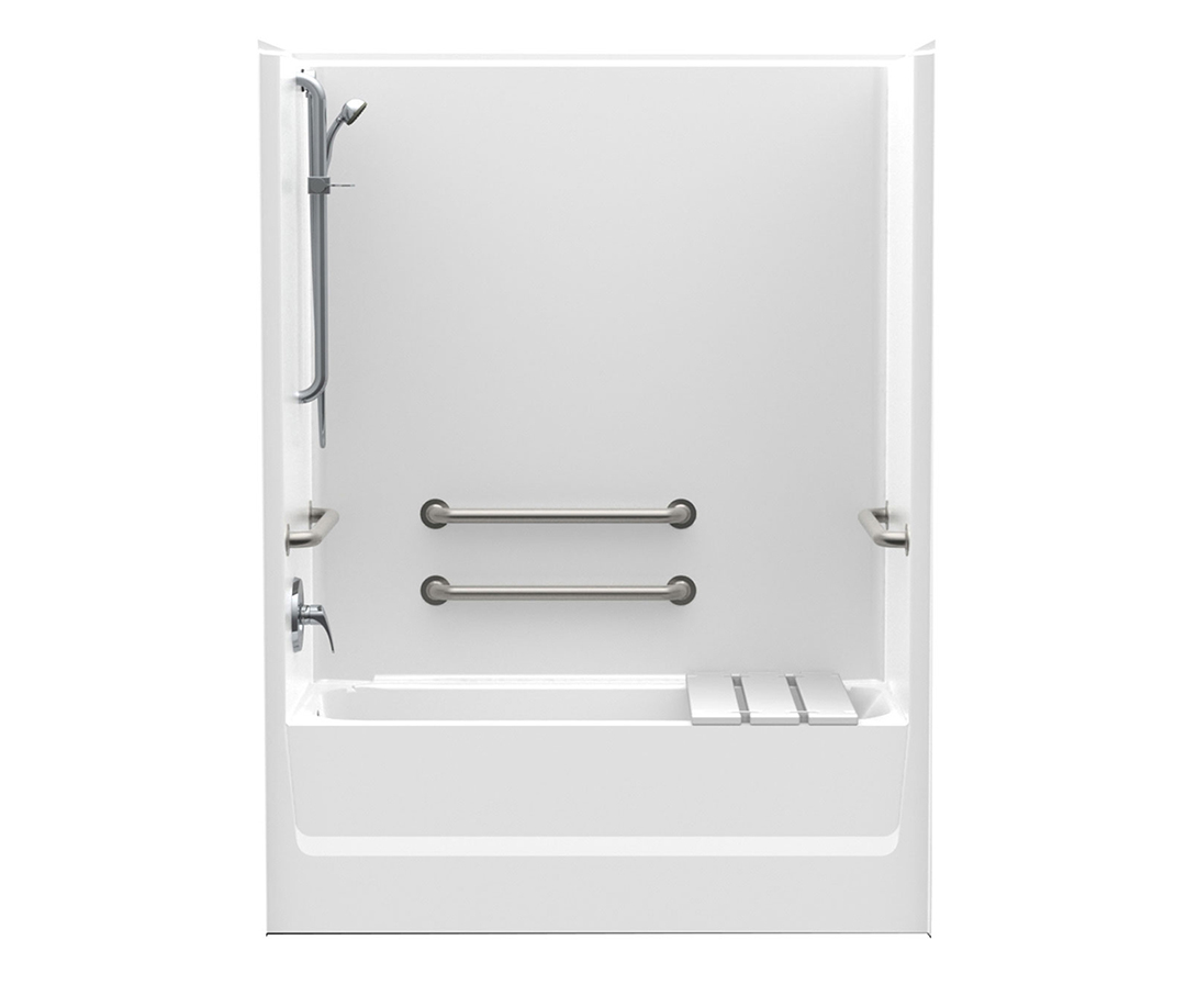 Image of a tub shower with chrome hand railings and removable seat.