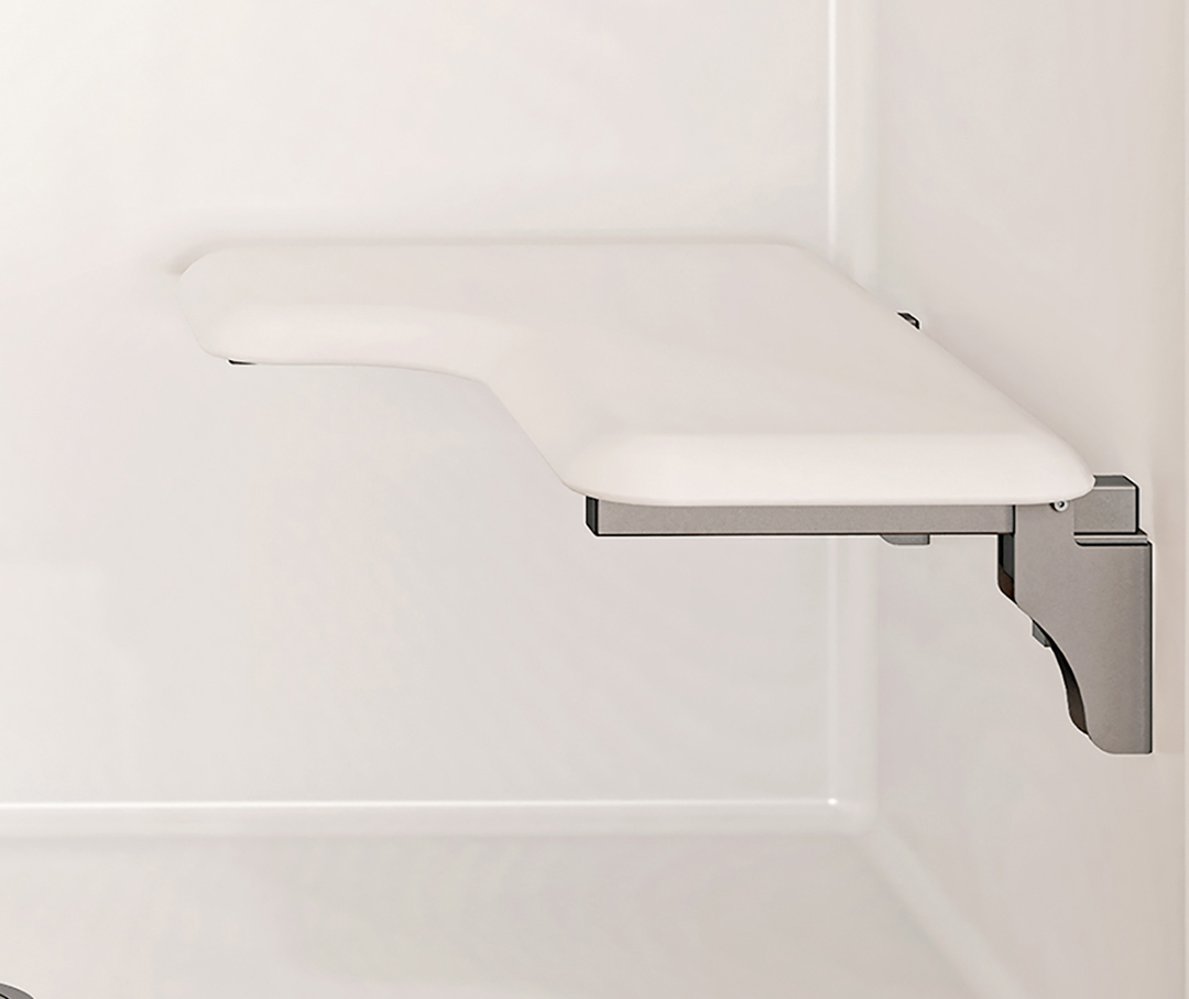 Image of a foldable shower seat in a white standing shower.