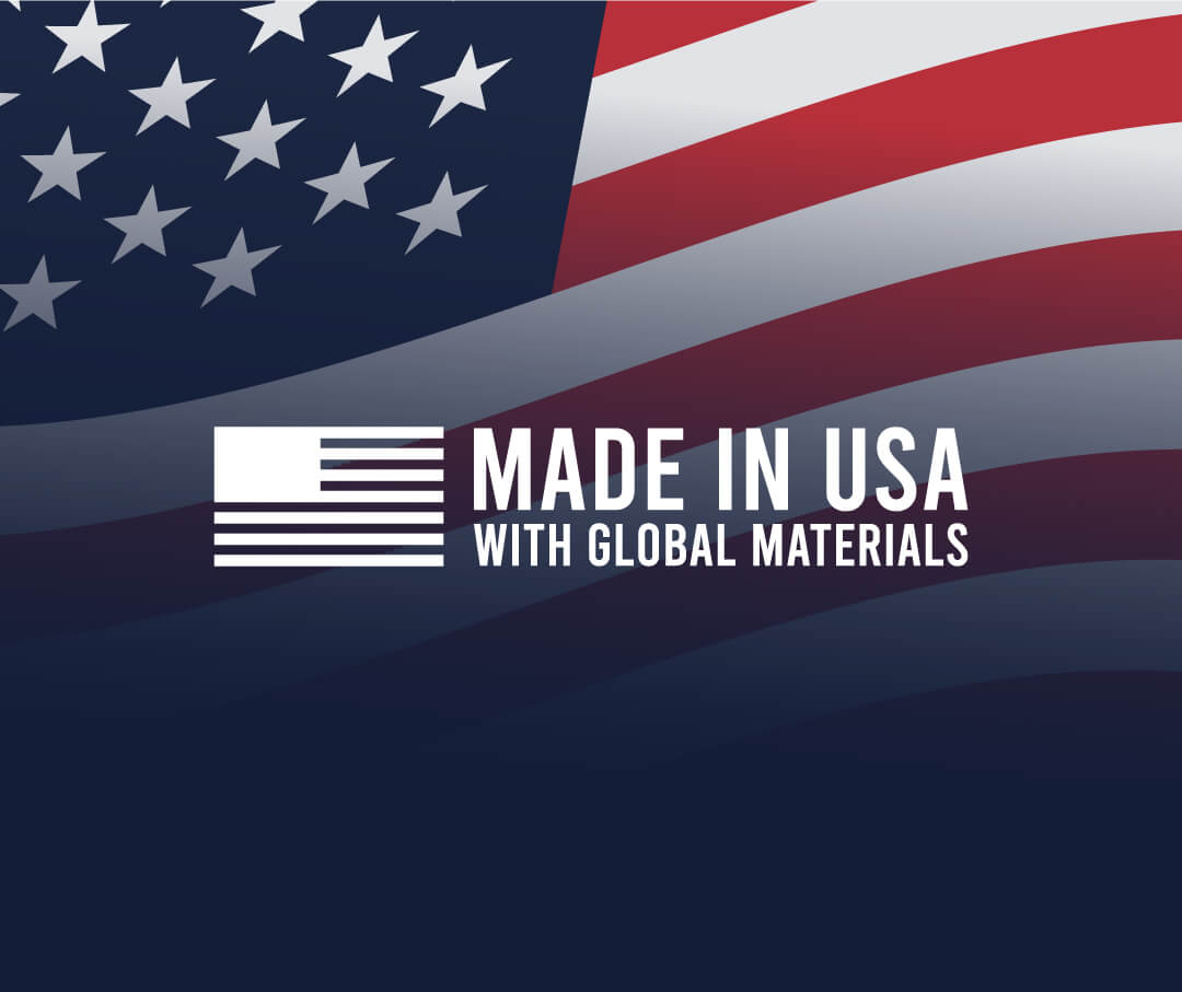Circular logo with American flag emblem that states, "Proudly Made in USA."