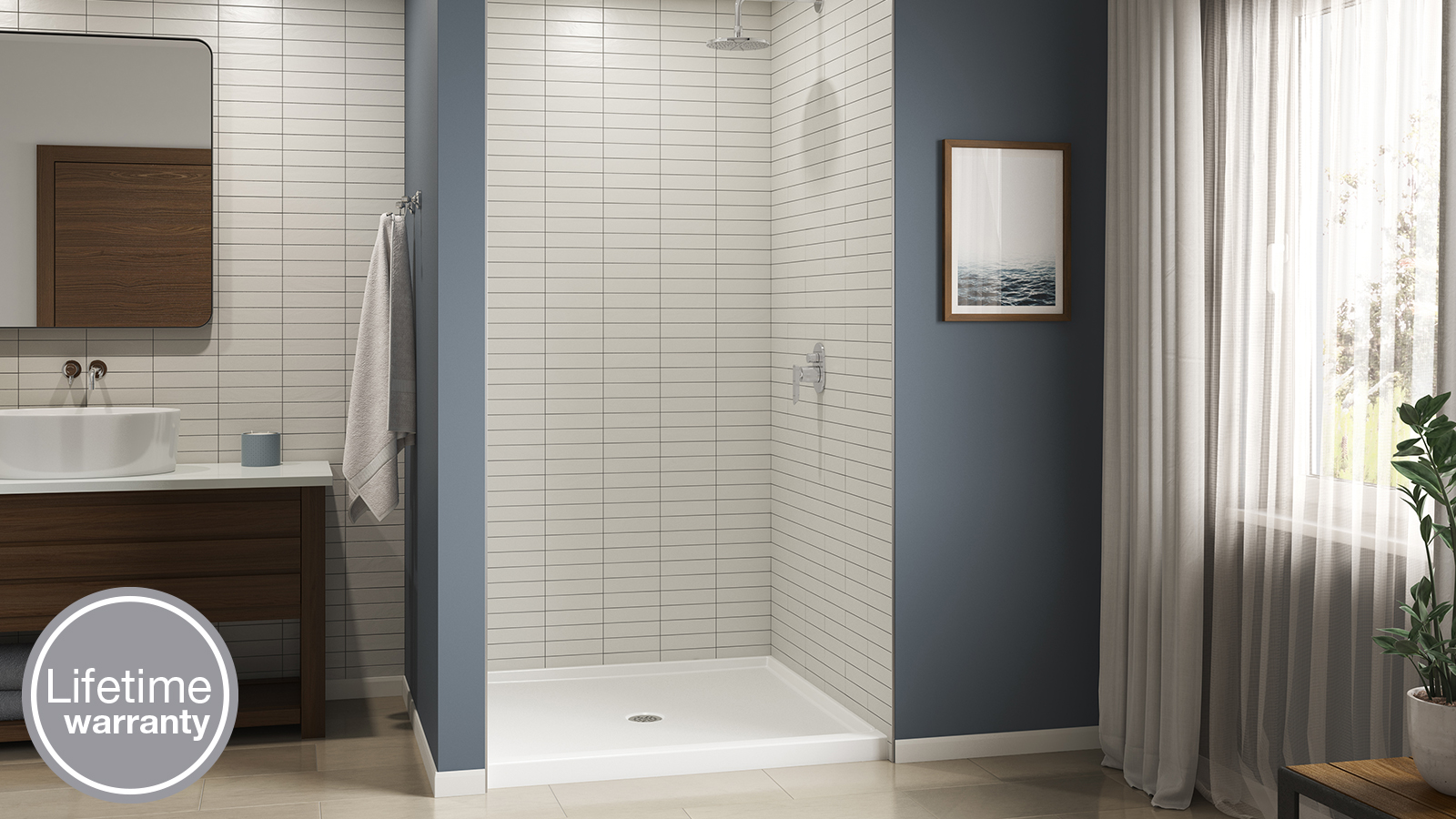 Standing shower with tile on the walls with center floor drain.