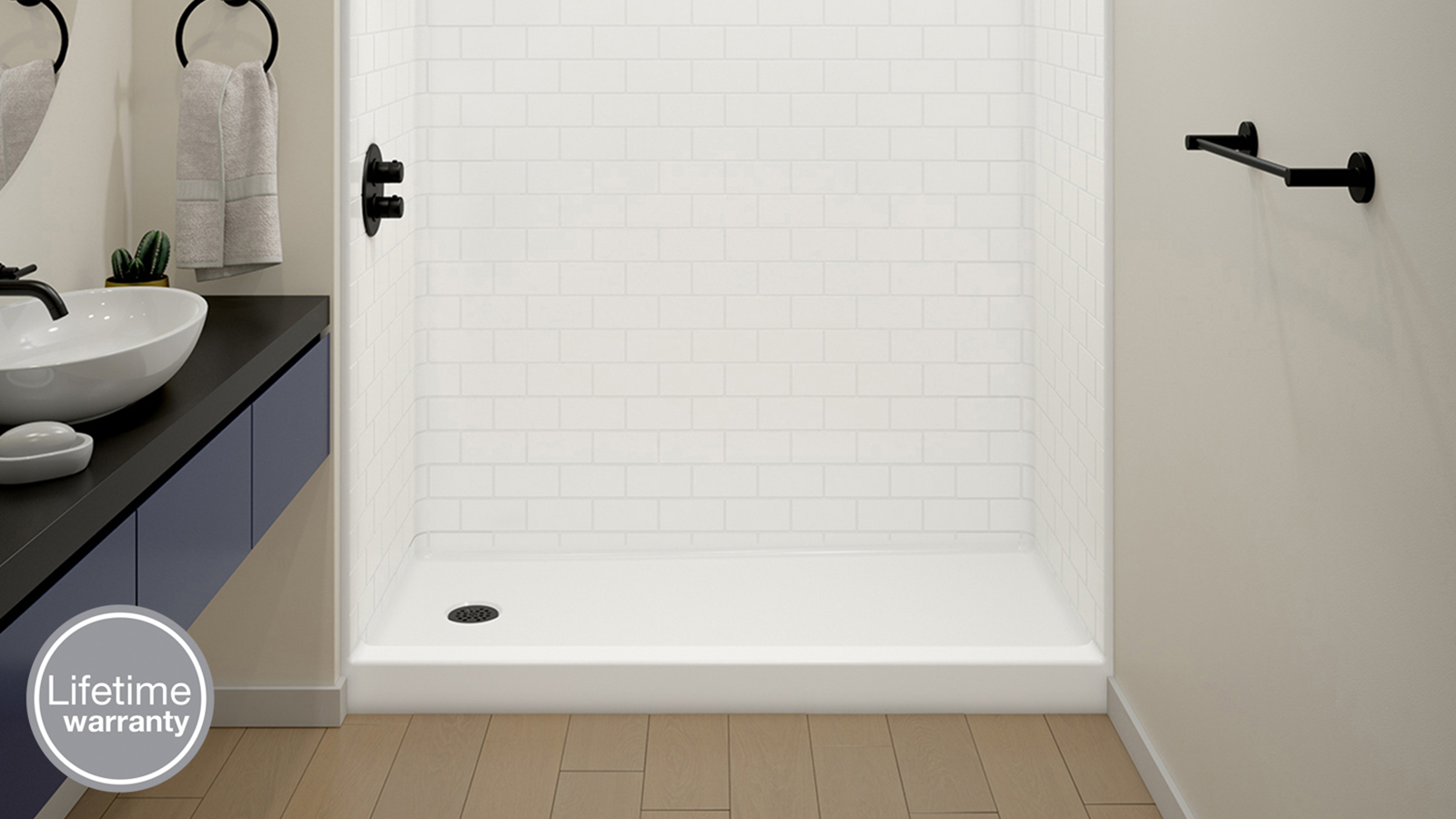 Walk-in shower with white shower tile.