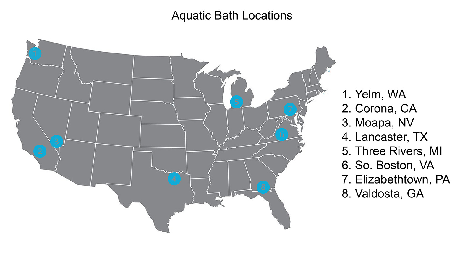 Image of United States Map With Aquatic Bath Eight Locations Marked